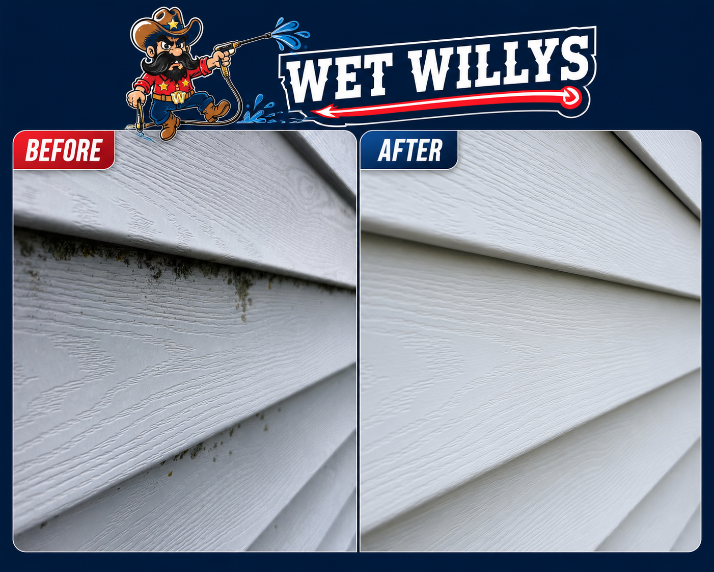 Before and after white siding cleaning comparison by Wet Willys