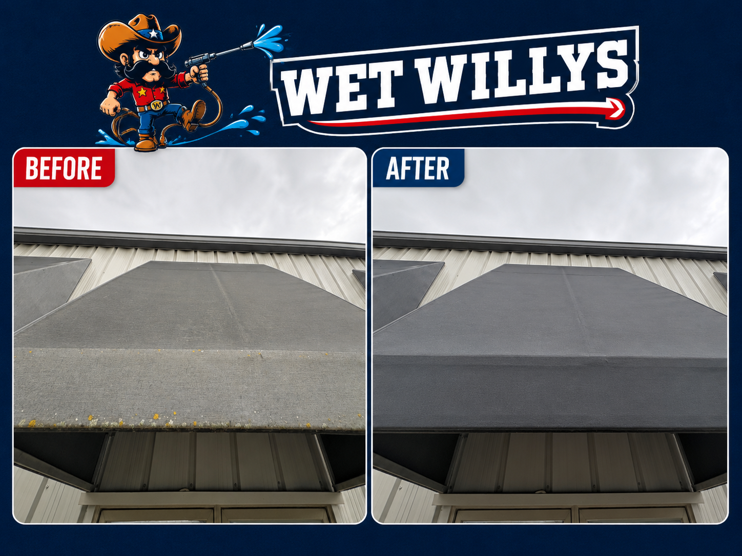Before and after awning and canopy cleaning comparison by Wet Willys