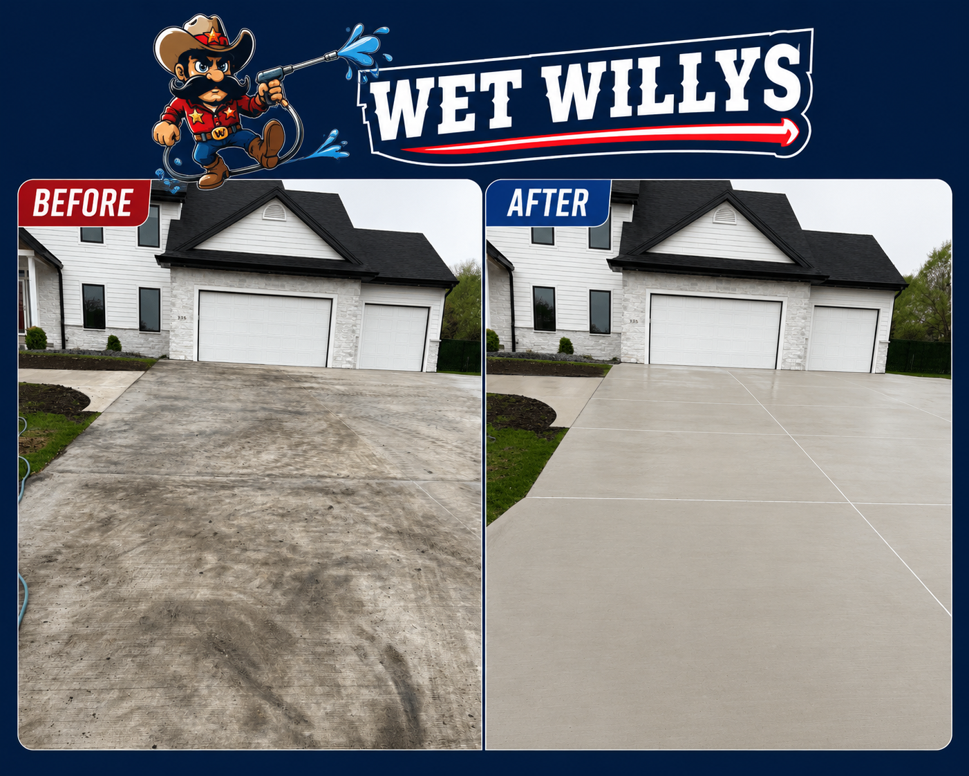 Before and after driveway pressure washing comparison by Wet Willys