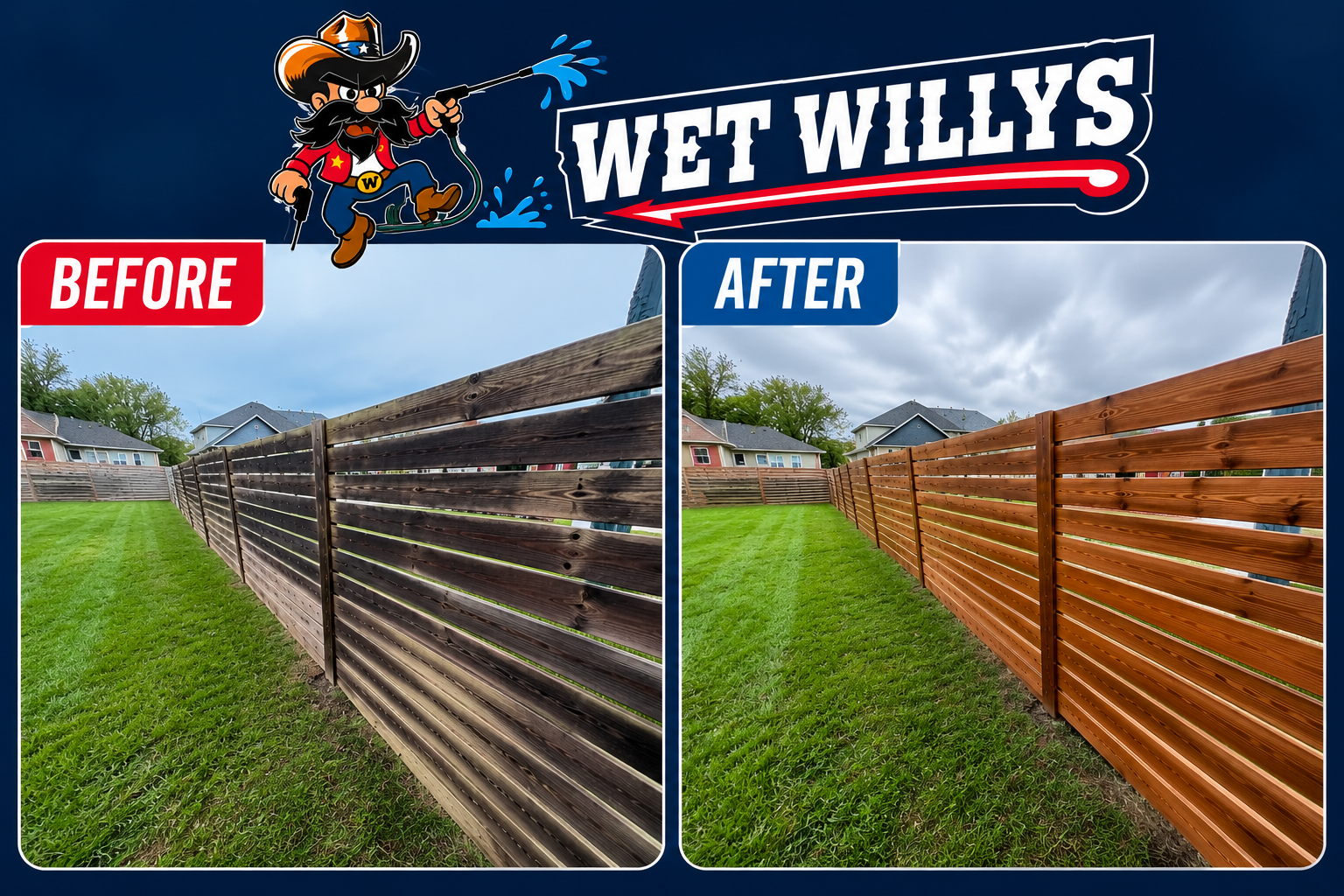 Before and after fence cleaning comparison by Wet Willys