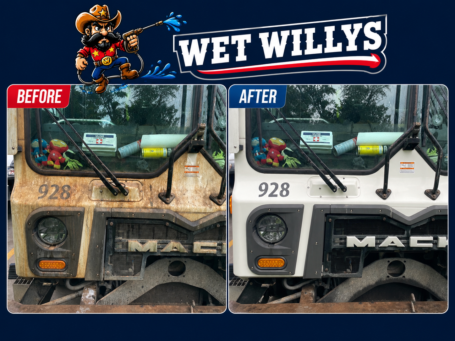 Before and after fleet truck washing comparison by Wet Willys